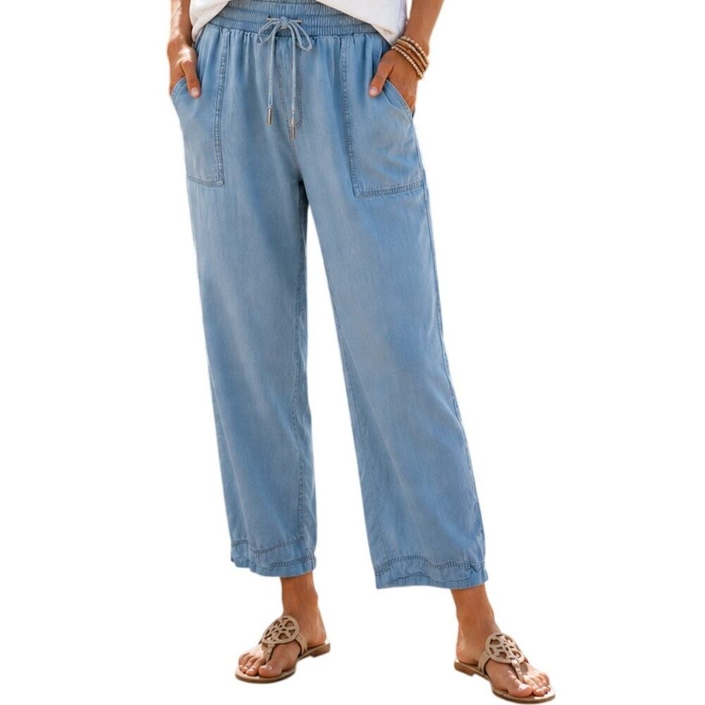DKNY Chambray Lyocell Pants Womens XL Blue Drawstring High Rise Soft Coastal